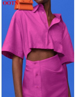 OOTN Streetwear Turn-Down Collar Sexy Hollow Out Short Sleeve Cotton Summer Dresses For Women Single Breasted Pink Pencil Dress