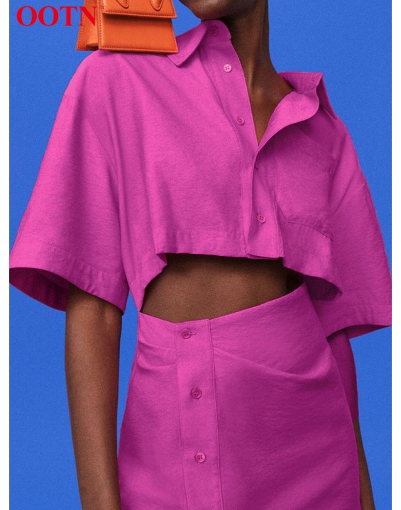 OOTN Streetwear Turn-Down Collar Sexy Hollow Out Short Sleeve Cotton Summer Dresses For Women Single Breasted Pink Pencil Dress