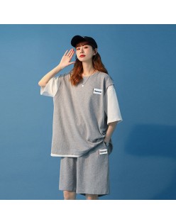 Summer False Two Matching Sets for Women Short Sleeve Casual Clothing Suit Fashion Female Solid Straight Tops Sportswear Outfits