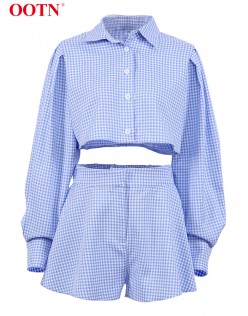 OOTN Gingham Long Lantern Sleeve Turn-Down Collar Shirt Single Breasted Crop Top Suits With Shorts High Waist Summer 2 Piece Set