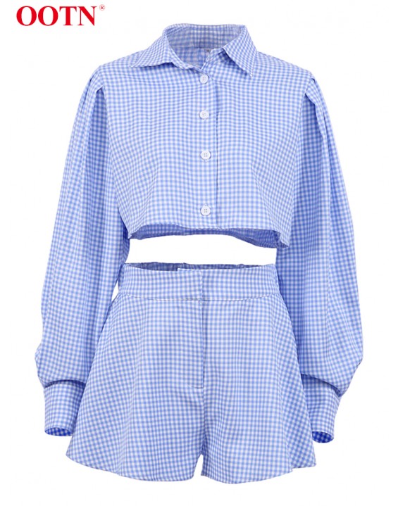 OOTN Gingham Long Lantern Sleeve Turn-Down Collar Shirt Single Breasted Crop Top Suits With Shorts High Waist Summer 2 Piece Set