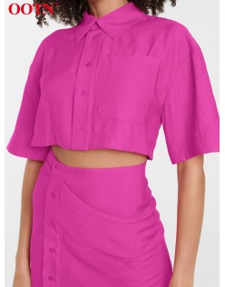 OOTN Streetwear Turn-Down Collar Sexy Hollow Out Short Sleeve Cotton Summer Dresses For Women Single Breasted Pink Pencil Dress