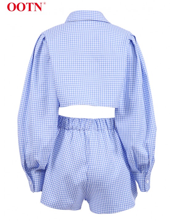 OOTN Gingham Long Lantern Sleeve Turn-Down Collar Shirt Single Breasted Crop Top Suits With Shorts High Waist Summer 2 Piece Set