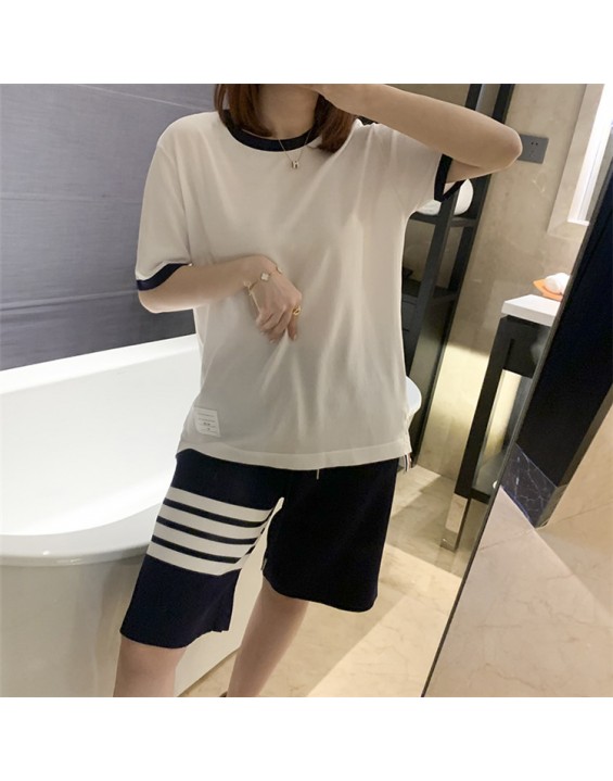 Spring and summer new tb short-sleeved T-shirt female students all-match loose and thin fashion hit color round neck top
