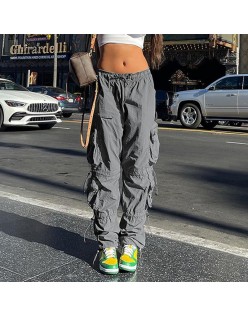 BIIKPIIK Women Pockets Sweat Pant Vintage Workout Overalls Mid Waist Drawstring Loose Cargo Pants Streetwear Jogging Trousers