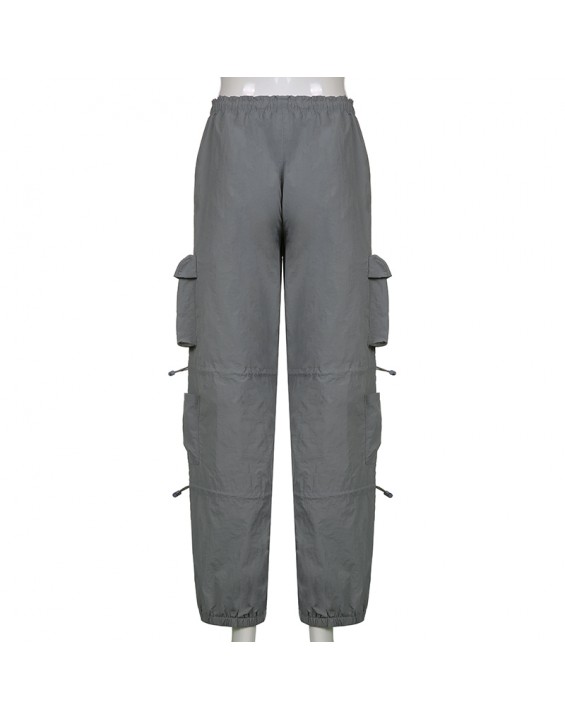 BIIKPIIK Women Pockets Sweat Pant Vintage Workout Overalls Mid Waist Drawstring Loose Cargo Pants Streetwear Jogging Trousers