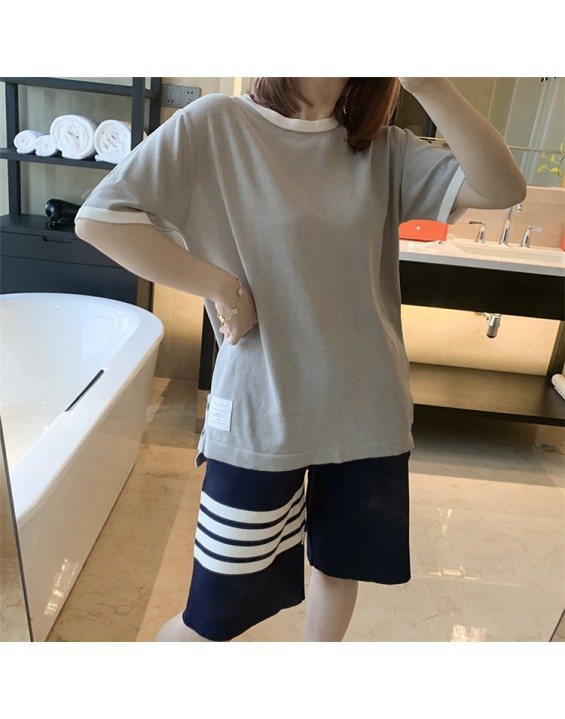 Spring and summer new tb short-sleeved T-shirt female students all-match loose and thin fashion hit color round neck top