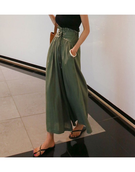Apricot Spring Fashion Women's Pants with Elegant Temperament and Leisure Straps High Waist Cotton and Linen Loose Wide Leg Pants Women