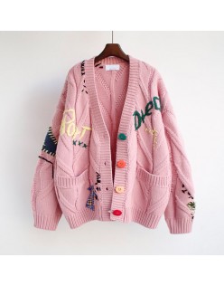 pink Autumn Winter Women Cardigan Warm Knitted Sweater Jacket Pocket Embroidery Fashion Knit Cardigans Coat Lady Loose Sweaters