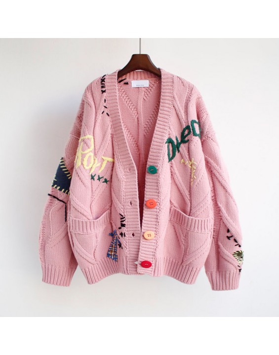 pink Autumn Winter Women Cardigan Warm Knitted Sweater Jacket Pocket Embroidery Fashion Knit Cardigans Coat Lady Loose Sweaters
