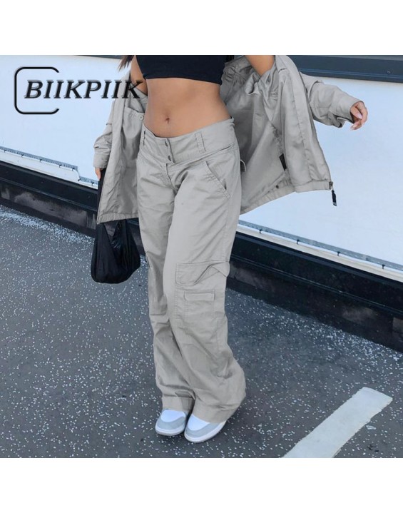 BIIKPIIK Casual Lounge Wear Straight Pants Loose Pockets Zipper Fly Mid-waisted Sweatpants Women's Trousers Solid-color Overalls