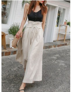 Apricot Spring Fashion Women's Pants with Elegant Temperament and Leisure Straps High Waist Cotton and Linen Loose Wide Leg Pants Women