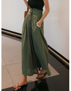 Apricot Spring Fashion Women's Pants with Elegant Temperament and Leisure Straps High Waist Cotton and Linen Loose Wide Leg Pants Women