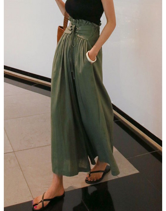 Apricot Spring Fashion Women's Pants with Elegant Temperament and Leisure Straps High Waist Cotton and Linen Loose Wide Leg Pants Women