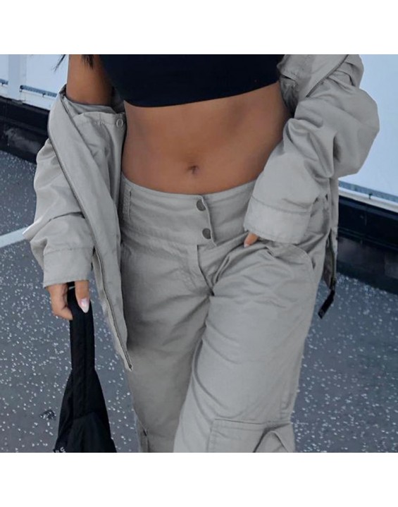 BIIKPIIK Casual Lounge Wear Straight Pants Loose Pockets Zipper Fly Mid-waisted Sweatpants Women's Trousers Solid-color Overalls