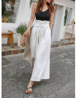 Rice white Spring Fashion Women's Pants with Elegant Temperament and Leisure Straps High Waist Cotton and Linen Loose Wide Leg Pants Women