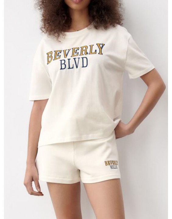 Zach AiIsa spring new age-reducing all-match sports style letter embroidery T-shirt + elastic high waist sports casual pants