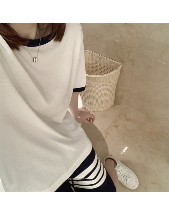 Spring and summer new tb short-sleeved T-shirt female students all-match loose and thin fashion hit color round neck top