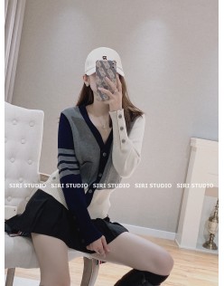 TB knitted cardigan sweater with women's spring and autumn college style four-bar retro lazy V-neck color-blocking top coat