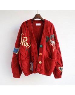 red Autumn Winter Women Cardigan Warm Knitted Sweater Jacket Pocket Embroidery Fashion Knit Cardigans Coat Lady Loose Sweaters