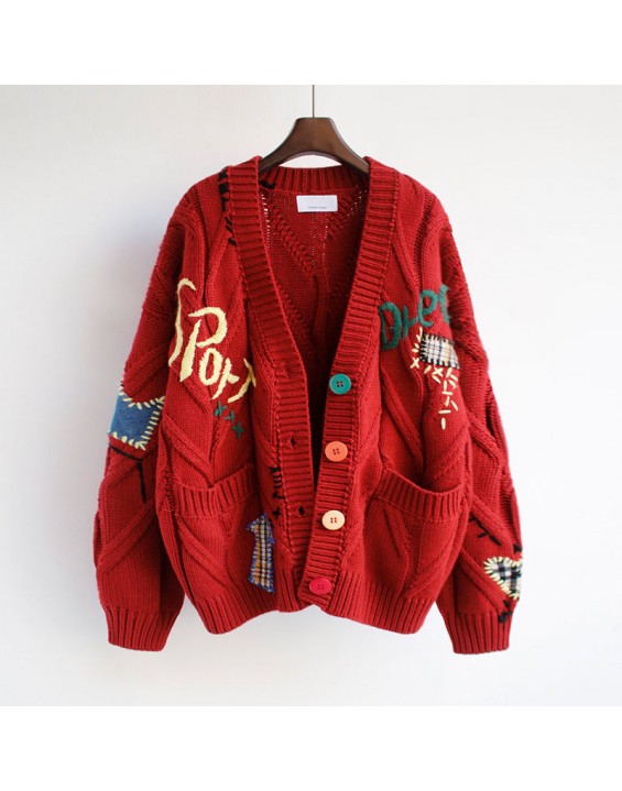 red Autumn Winter Women Cardigan Warm Knitted Sweater Jacket Pocket Embroidery Fashion Knit Cardigans Coat Lady Loose Sweaters
