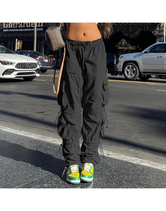 BIIKPIIK Women Pockets Sweat Pant Vintage Workout Overalls Mid Waist Drawstring Loose Cargo Pants Streetwear Jogging Trousers