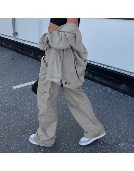 BIIKPIIK Casual Lounge Wear Straight Pants Loose Pockets Zipper Fly Mid-waisted Sweatpants Women's Trousers Solid-color Overalls
