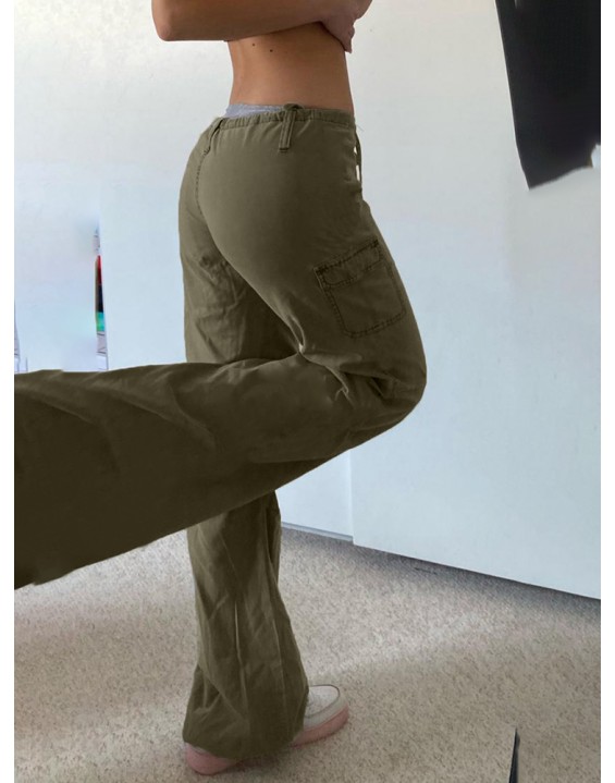 Weekeep Green Wide Leg Pants Low Rise Loose Solid Cargo Pants Women Casual Vintage Sweatpants Y2k Grunge Streetwear Capris Lady