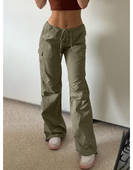 Weekeep Green Wide Leg Pants Low Rise Loose Solid Cargo Pants Women Casual Vintage Sweatpants Y2k Grunge Streetwear Capris Lady