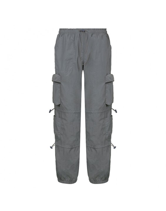 BIIKPIIK Women Pockets Sweat Pant Vintage Workout Overalls Mid Waist Drawstring Loose Cargo Pants Streetwear Jogging Trousers