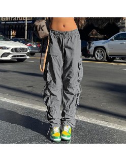 BIIKPIIK Women Pockets Sweat Pant Vintage Workout Overalls Mid Waist Drawstring Loose Cargo Pants Streetwear Jogging Trousers