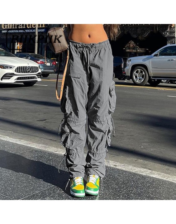 BIIKPIIK Women Pockets Sweat Pant Vintage Workout Overalls Mid Waist Drawstring Loose Cargo Pants Streetwear Jogging Trousers