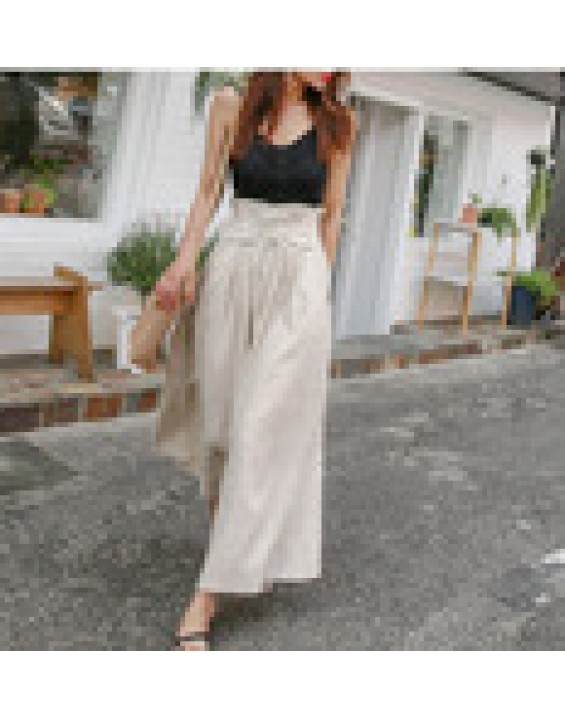 Apricot Spring Fashion Women's Pants with Elegant Temperament and Leisure Straps High Waist Cotton and Linen Loose Wide Leg Pants Women