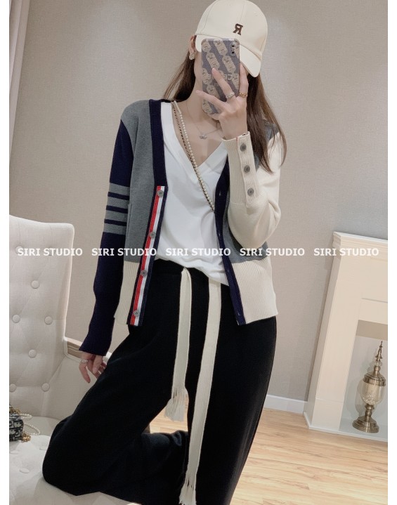 TB knitted cardigan sweater with women's spring and autumn college style four-bar retro lazy V-neck color-blocking top coat