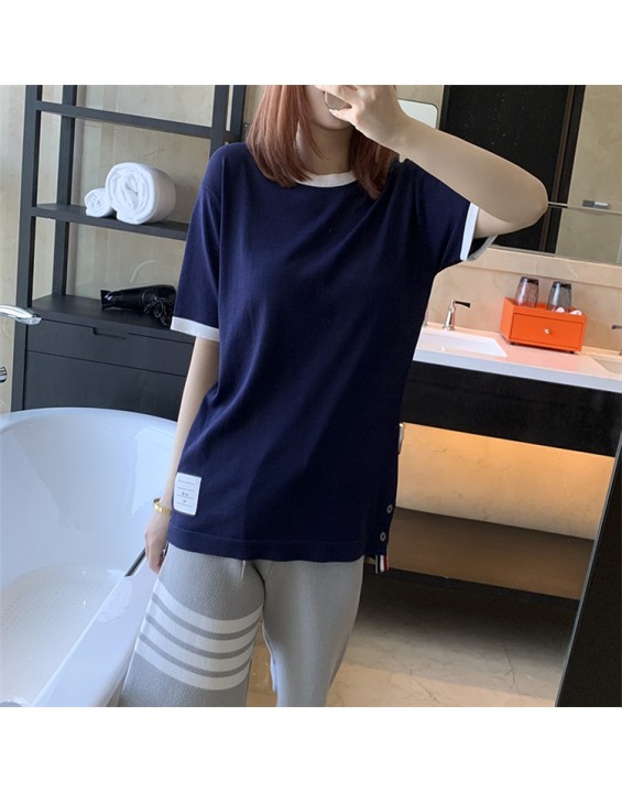 Spring and summer new tb short-sleeved T-shirt female students all-match loose and thin fashion hit color round neck top