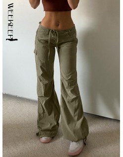 Weekeep Green Wide Leg Pants Low Rise Loose Solid Cargo Pants Women Casual Vintage Sweatpants Y2k Grunge Streetwear Capris Lady